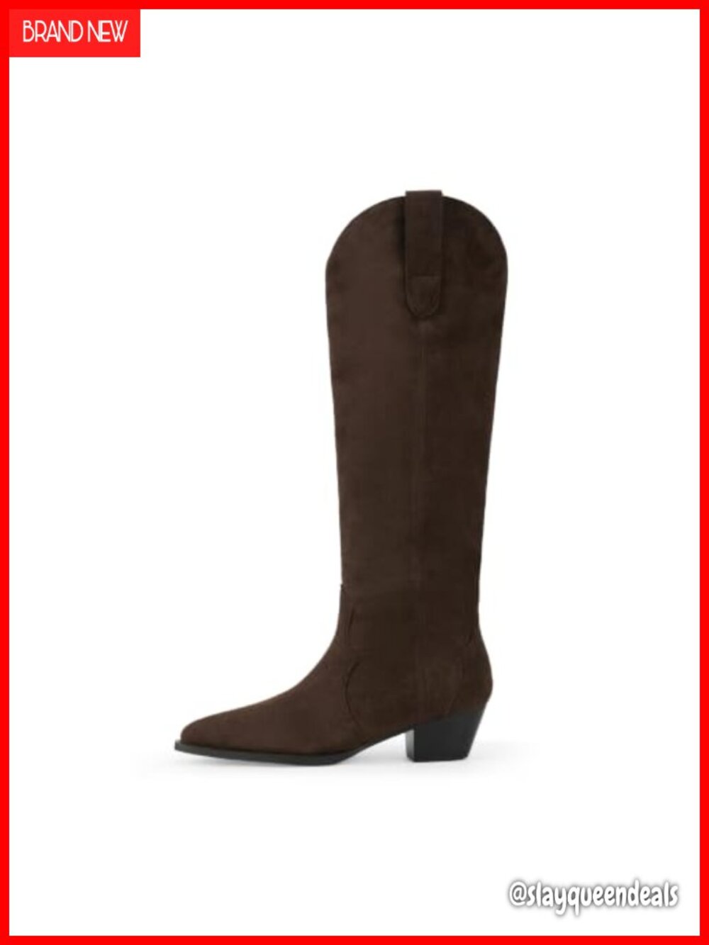 Faux Suede Cowboy Knee High Boots Pointed Toe Chunky Heel Pull On Women